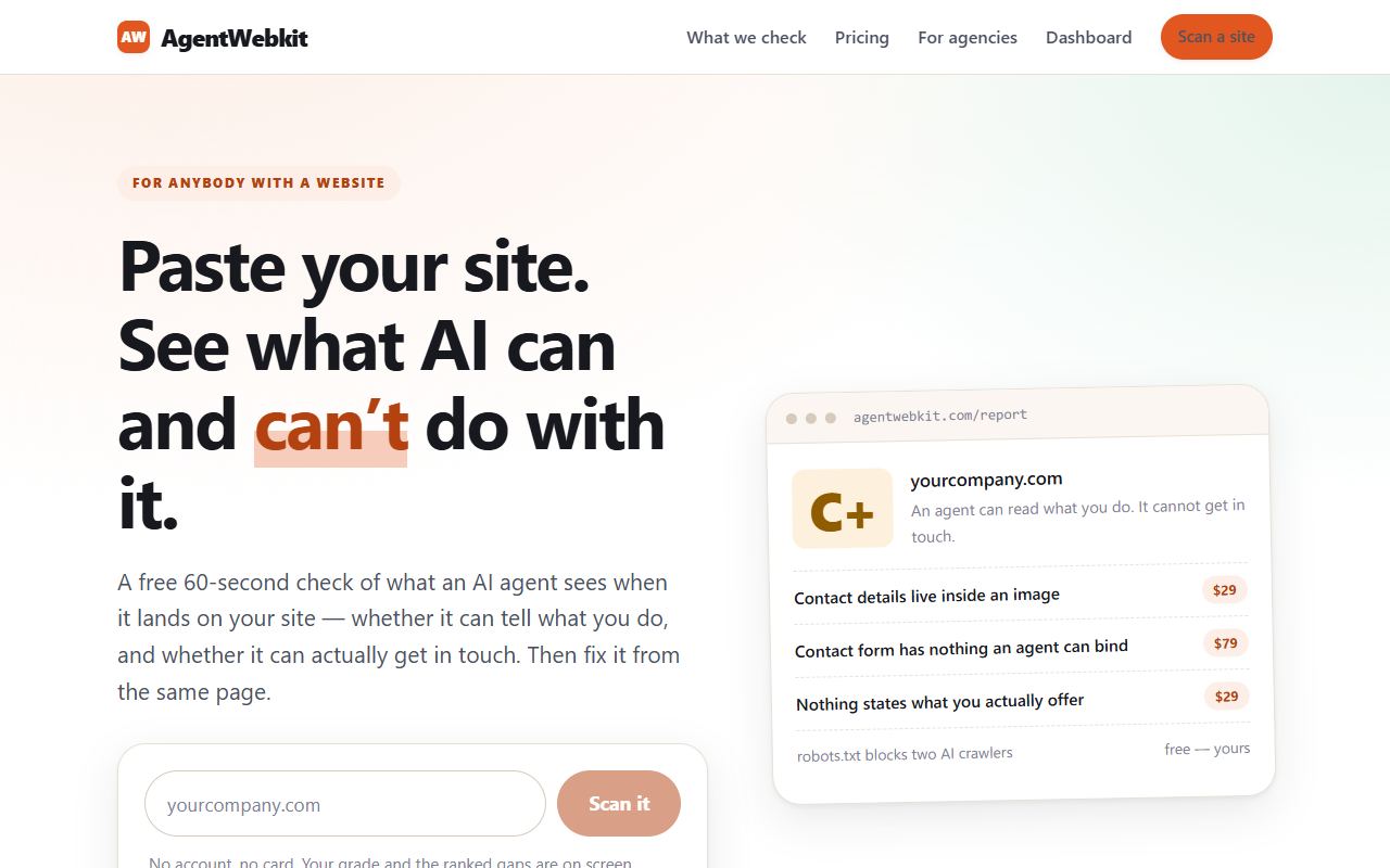 AgentWebkit home page: Paste your site. See what AI can and can't do with it.